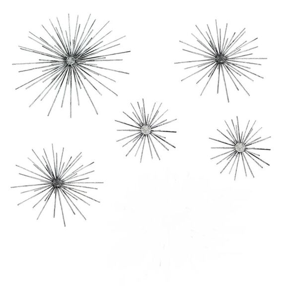 Aged Silver Finish Atomic Star Burst Wall Sculptures Set of 5